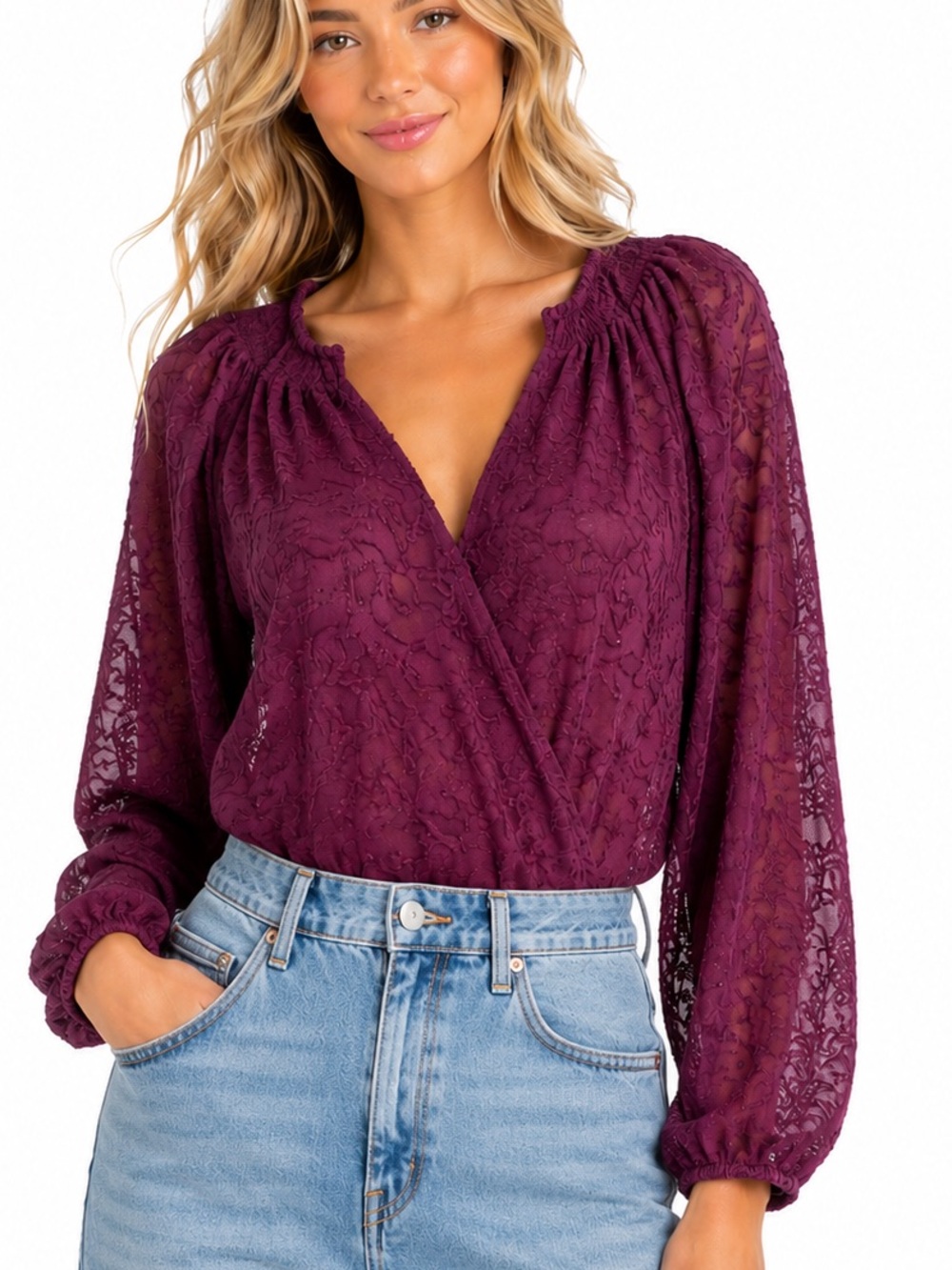 NWT Entro Size Large Women's Plum Lace Surplice Blouse Bodysuit